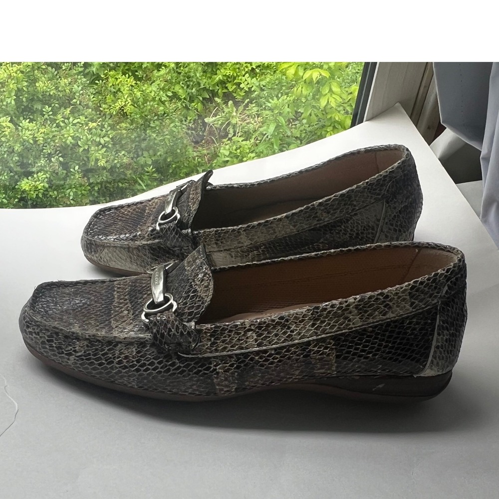 Geox Respira Womens Snakeskin Embossed Leather Horsebit Loafers‎ Brown Grey 37
